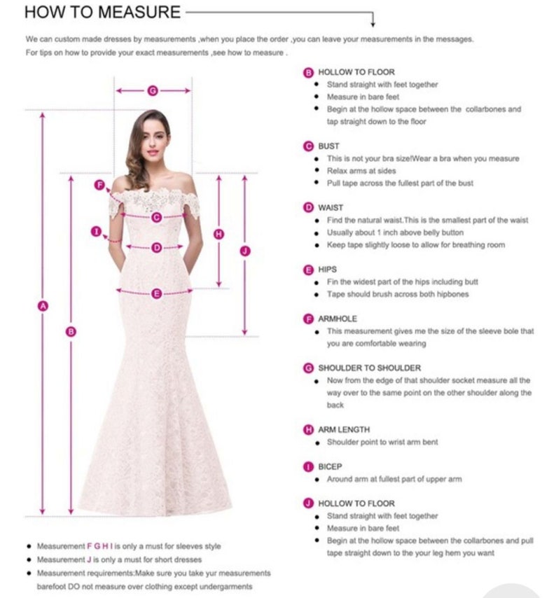 Puede incluir: Diagrama que muestra c&oacute;mo medir diferentes partes del cuerpo para la confecci&oacute;n de vestidos a medida. Las medidas incluyen el busto, la cintura, las caderas, el hueco al suelo, el hombro a hombro, la sisa, la longitud del brazo y el b&iacute;ceps.