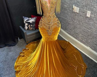 Gold velvet prom dress,Mermaid dress,Reception dress,Prom dress, Rhinestones dress,Wedding dress, Sleeveless Applique dress,Free shipping