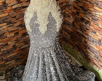 Vestido de lentejuelas de terciopelo gris sin mangas, vestido de sirena de fiesta, vestido de recepción larga, vestido de fiesta, vestido de novia, vestido de mujer africana, dres de cuello redondo