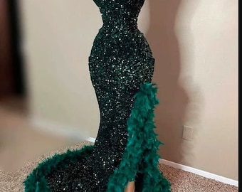 Green sleeveless sequins dress,Prom dress, Splited mermaid dress, wedding dress, Sleeveless dress, Free shipping