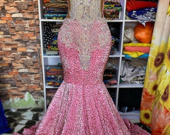 Pink long embellished prom Dress, Sleeveless Dress,Long Prom Dress,Black girl dress,Wedding Dress,mermaid dress,Reception Dress,Free Shippin