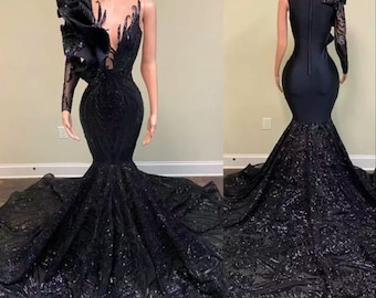 Beautiful long black seqins dress,Mermaid dress,Long Reception dress, Black girl dress,Wedding dress,Free shipping