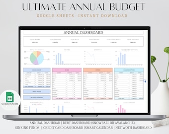 Årligt budgetark, budgetmall för Google Sheets, fakturakalender, instrumentpanel för personlig ekonomi, månatlig budgetplanerare för Google Sheets