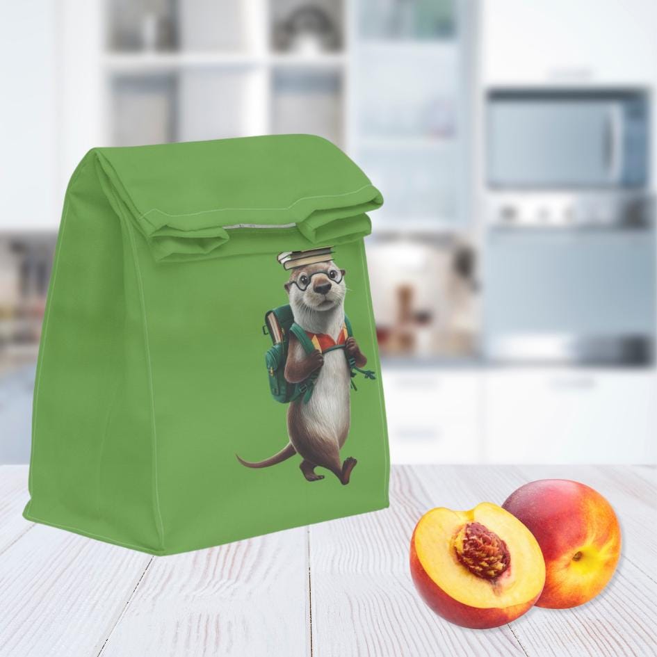 Book Loving Otter Lunch Bag - Waterproof - Insulated Lunch Box - Otter Roll Down Lunch Sack - Water Sports Bag - Animal Lover - Beach Decor