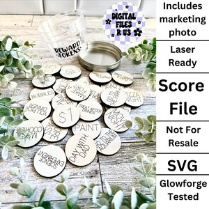 May include: A set of 20 round wooden tokens with various reward ideas written on them, such as "Movie Night", "Treat After Dinner", "Day With Dad", and "Go To The Aquarium". The tokens are in a clear plastic jar with a lid that says "Reward Tokens".