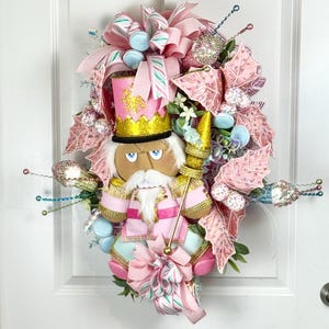Pink & Gold Nutcracker Christmas Wreath: Candyland Holiday Door Decor