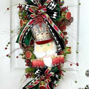 Harlequin Nutcracker Christmas Swag: Red, Green & Gold Holiday Door Decor