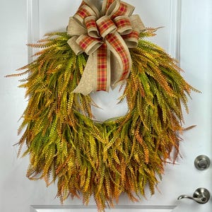 Fall Wreath with Beaded Grass and Plaid Bow, Rustic Autumn Door Decor, Faux Greenery Thanksgiving Wreath, Farmhouse Harvest Style