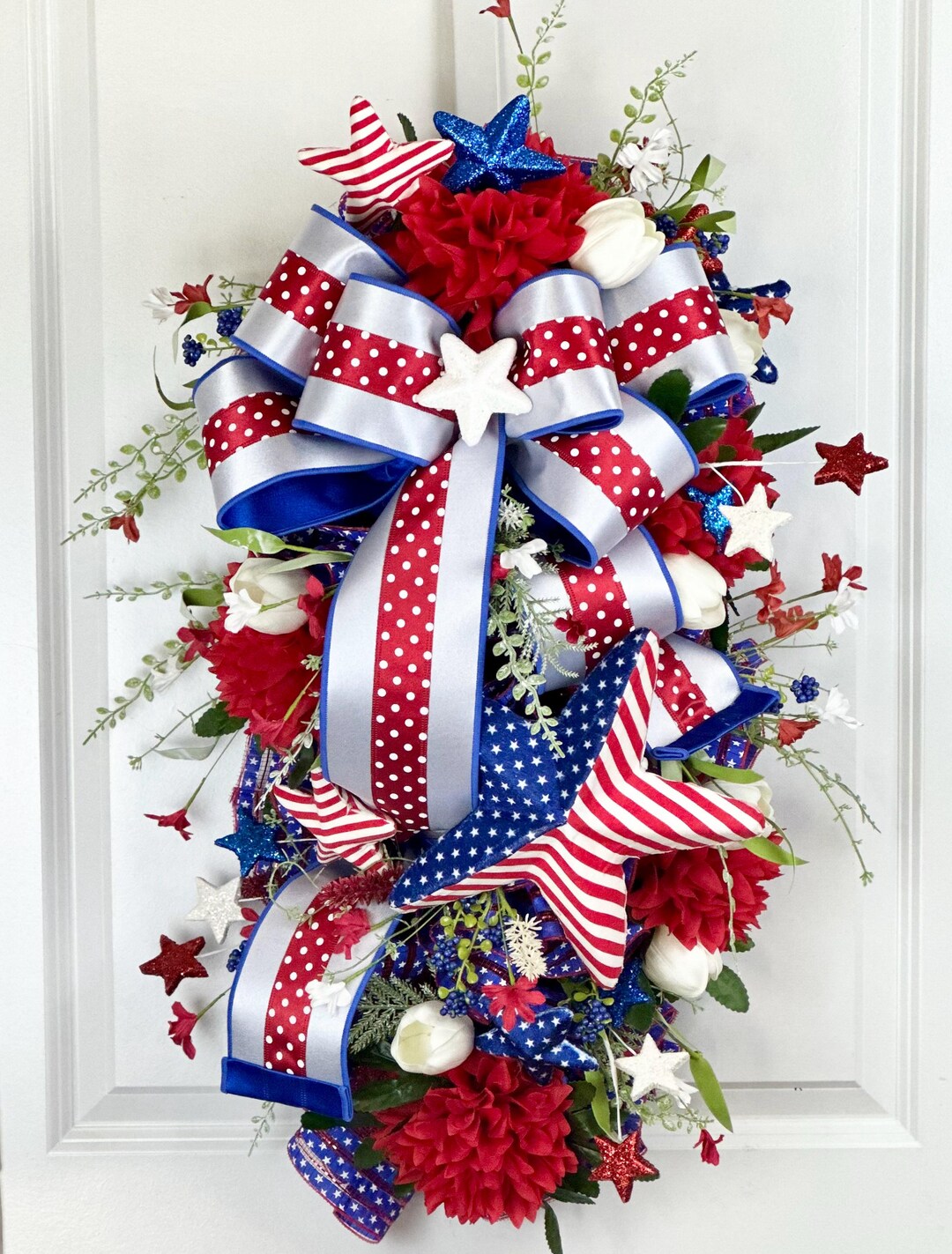Patriotic Star Wreath Swag, Red White and Blue Door Decor With Polka ...