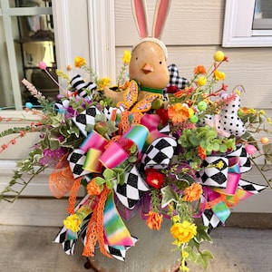 Easter Bunny Chick Planter Insert: Whimsical Spring Porch Decor Arrangement