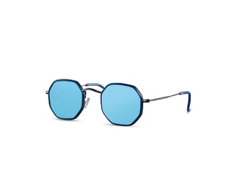 Blue Metal Frame Sunglasses, Blue Mirror Lens | Slim and Classic Style | Thin Frame Shades | Lightweight | Gift for Summer Holidays, Rave