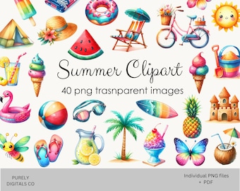 Clipart de aquarela de verão, adesivos digitais sazonais, clipart para scrapbook em PNG, clipart de praia, download instantâneo