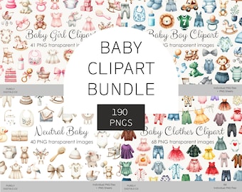 Baby clipartbundel, aquarel png-afbeeldingen, baby meisje jongen neutrale illustraties, pasgeboren kledingset, digitale stickers babyshower, inrichting kinderkamer