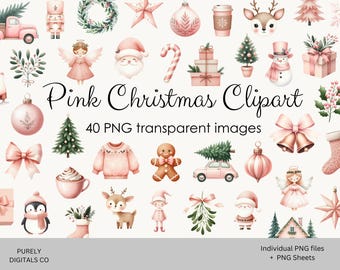Imágenes prediseñadas navideñas rosas, imágenes PNG de acuarela navideña, pegatinas digitales navideñas, lindas imágenes prediseñadas de Papá Noel, imágenes prediseñadas de invierno, Navidad para niña