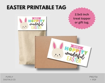 May include: Printable Easter gift tag featuring a bunny with the text "Have a Hoppity Wonderful Easter". The tag is 2.5 by 5 inches and can be used as a treat topper or gift tag.