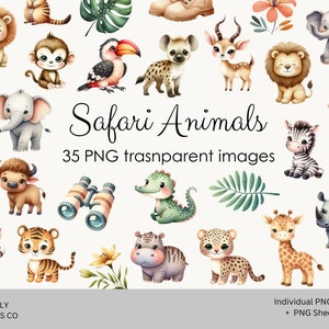 Safaridieren aquarel clipart, digitale stickers, plakboekbenodigdheden, jungle-illustraties, kinderkamer wanddecoratie, babyshower, schattige dieren