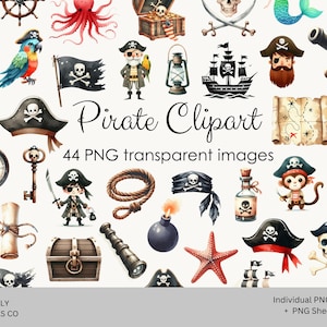 Könnte beinhalten: Eine Sammlung von 44 digitalen Illustrationen zum Thema Piraten, darunter Figuren, Schiffe, Schatztruhen, Totenköpfe, Karten und nautische Ausrüstung. Das Set enthält bunte Papageien, Kraken, Kanonen, Anker und verschiedene Piratenhüte mit Totenkopfmotiven.
