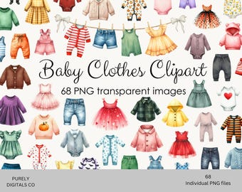 Clipart van babykleertjes, aquarel png-afbeeldingen, clipart van een waslijn voor baby's, illustraties van babykleding, schattige digitale stickers voor een babyshower