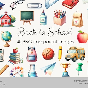 Zurück zu Schule Aquarell Clipart Set, süße Schule liefert digitale Aufkleber, PNG-Grafiken, Schulbus Clip Art, Lehrer-Planer Aufkleber