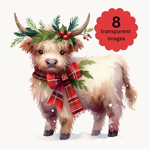 Christmas highland cows clipart, printable watercolor png images, farm clipart, junk journals, farm animal art, Christmas card, holiday cow