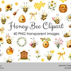 May include: A collection of watercolor illustrations featuring bees, honeycombs, sunflowers, honey pots, and bows. The text "Honey Bee Clipart" and "40 PNG transparent images" are displayed. The images are in a whimsical style, with a light and airy color palette.