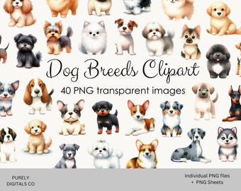 Dog breeds clipart, watercolor puppy clip art, cute dog png images, pet digital stickers