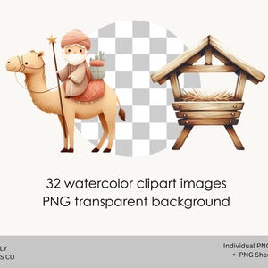 May include: Watercolor clipart image of a camel carrying a man with a star on a stick. The man is wearing a brown robe and a white turban. The camel is brown with a light brown saddle. The background is a transparent checkerboard pattern. There is also a watercolor clipart image of a wooden manger with hay inside.