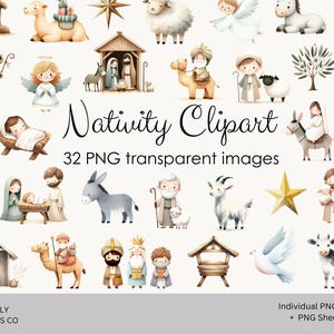 Uroczy clipart narodzenia, obrazy akwarelowe png, cyfrowy clipart Dzieciątka Jezus, cyfrowe naklejki z religijnymi świętami, ilustracje Maryi i Józefa
