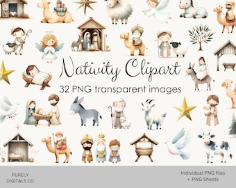 かわいいキリスト降誕のクリップアート、水彩画風のPNG画像、幼子イエスのデジタルクリップアート、宗教的な祝日のデジタルステッカー、マリアとヨセフのイラスト