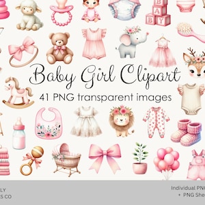 Clipart bébé fille, images png aquarelles de chambre d'enfant, illustrations graphiques de fille, clipart bébé mignon, cadeau de baby shower, fête de révélation de genre rose