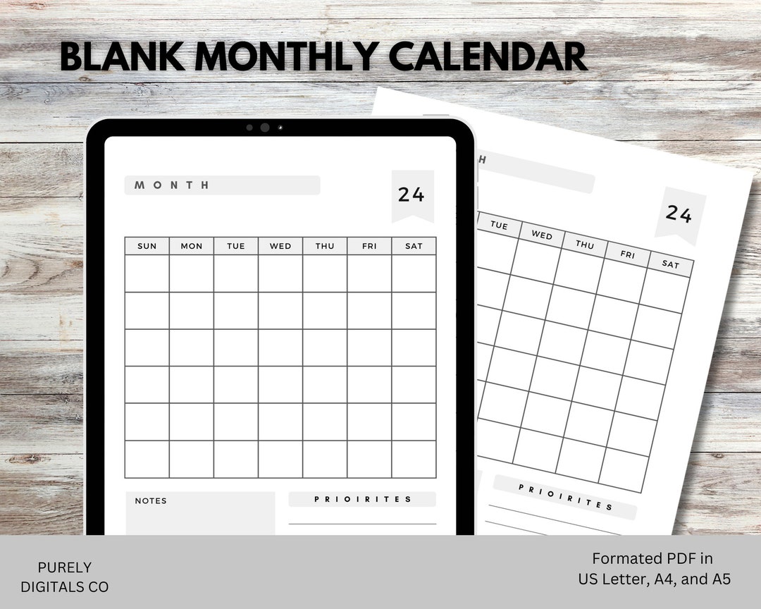Blank Monthly Printable Calendar, Planner Inserts, Desk Calendar ...