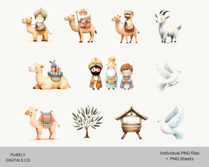 May include: A set of digital illustrations featuring a nativity scene with three wise men, camels, a goat, a dove, a manger, and an olive tree. The illustrations are in a watercolor style and are perfect for creating Christmas cards, invitations, or other festive projects.