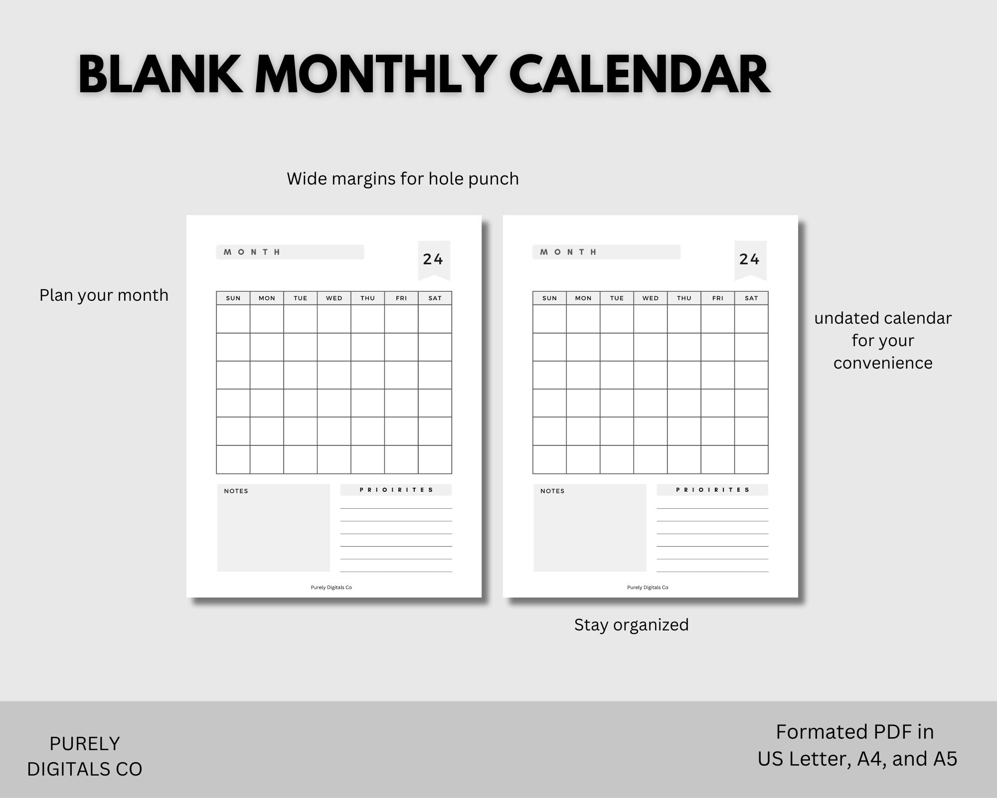 Blank Monthly Printable Calendar, Planner Inserts, Desk Calendar ...