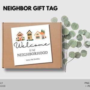 Etiqueta de regalo de bienvenida al vecindario, tarjeta imprimible de nueva casa, etiqueta editable para nuevo vecino, tarjeta de inauguración de la casa