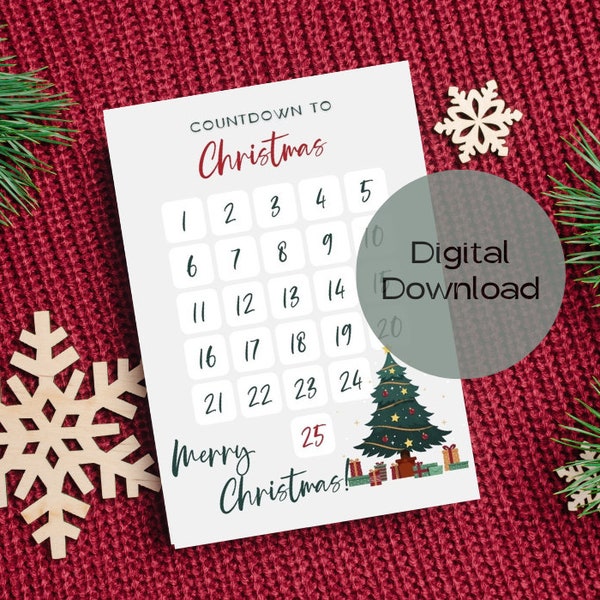 Christmas countdown calendar, kids calendar, countdown to Christmas, Digital Download.