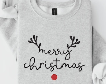 Merry Christmas Sweatshirt, Reindeer Antler Shirt, Red Nose Graphic, Minimalist Holiday Outfit, Winter Top, Christmas Gift for Her - S63