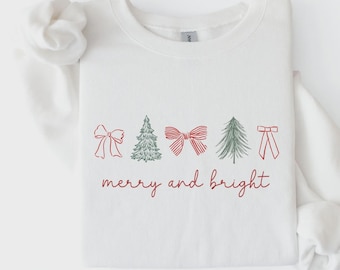 Merry and Bright Sweatshirt, Christmas Bow Shirt, Coquette Tree Graphic, Red Ribbon Holiday Outfit, Minimalist Winter Gift for Her - S62
