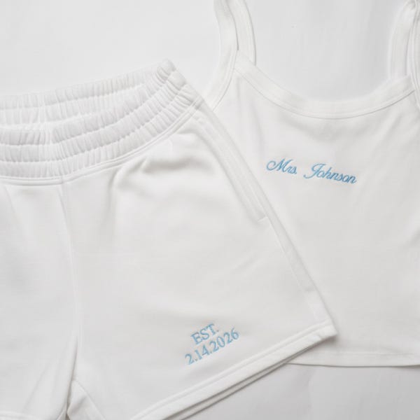 Mrs. Pajama Set, Mrs Tank & Short, Bridal Pjs, Bride Pajamas, Mrs. Set, Bridal Shower Outfit, Engagement Gift for Her, Embroidered