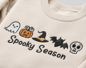 Bluza z haftem "Spooky Season", z okrągłym dekoltem w kształcie dyni i nietoperza z motywem Halloween