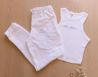 Custom Embroidered Bride Lounge Set, Personalized Mrs Tank Joggers, Future Mrs Gift, Honeymoon Outfit, Wifey Pajamas, Wedding Sweats, Shorts
