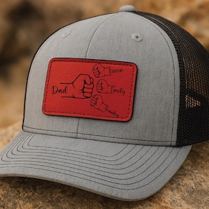 Custom Fist Bump Dad Hat, Personalized Dad Gift, Leather Patch Hat, Dad and Kids Trucker Hat, Dad Hat, Fathers Day Hat, Grandpa Hat Gift