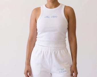 Custom Embroidered Bride Lounge Set, Personalized Mrs. Tank and Joggers, Honeymoon Outfit