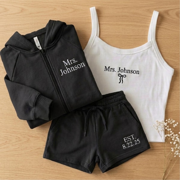 Personalized Mrs Hoodie Set, Custom Bride Getting Ready Outfit, Embroidered Bow Tank Top, Future Mrs Last Name Gift, Coquette Bridal Set