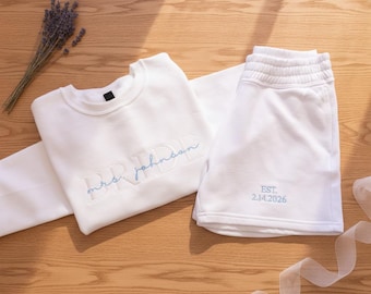 Custom Bride Lounge Set, Personalized Mrs Sweatshirt with Sleeve Date, Wedding Joggers Shorts, Embroidered Bride to Be Gift, Honeymoon Set