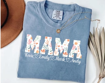 Camiseta de mamá con colores cómodos, camiseta de mamá personalizada, camiseta de mamá floral con nombres de niños, camiseta de mamá, regalo de mamá personalizado para mamá, regalo del Día de la Madre