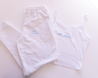 Mrs. Pajama Set, Mrs Tank & Short, Bridal Pjs, Bride Pajamas, Mrs. Set, Bridal Shower Outfit, Engagement Gift for Her, Embroidered