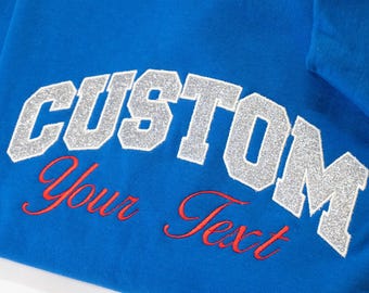 Custom Team Name Embroidered Glitter Sweatshirt,  Varsity Mascot Sweatshirt, Personalized Team Spirit Crewneck Gift, Cheer Mom
