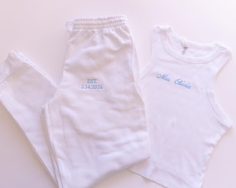Custom Embroidered Bride Lounge Set, Personalized Mrs Tank Joggers, Future Mrs Gift, Honeymoon Outfit, Wifey Pajamas, Wedding Sweats, Shorts