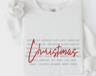 Christmas Words Sweatshirt, Red Script Holiday Shirt, Green Festive Typography, Minimalist Seasonal Outfit, Christmas Gift for Her - S52