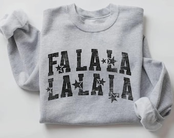 Fa La La Sweatshirt, Christmas Shirt, Black Varsity Lettering & Stars, Vintage Inspired Holiday Party Outfit, Festive Gift for Her - S45